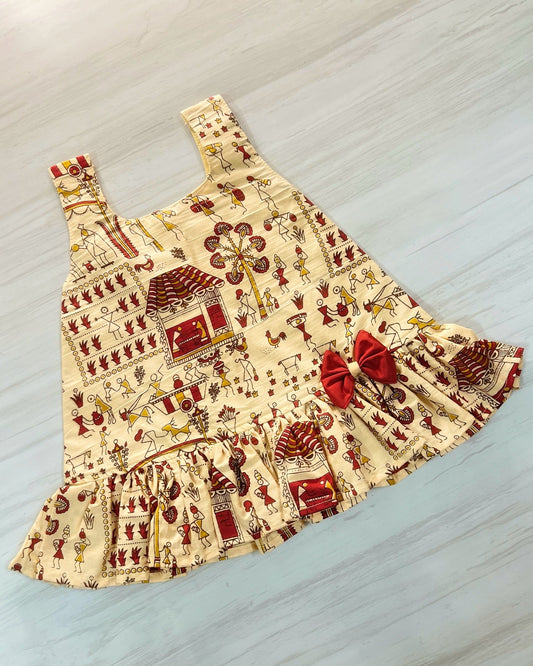 Subtle Beige Tribal Print One-Bow Cutie Cotton Frock