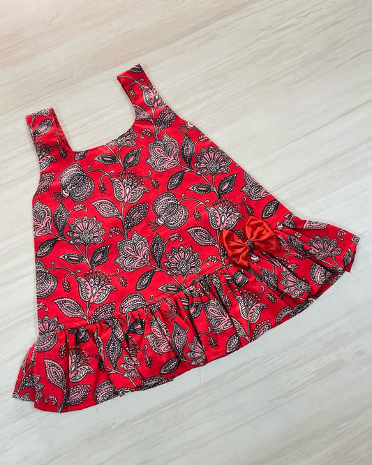 Crimson Red One-Bow Cutie Cotton Frock