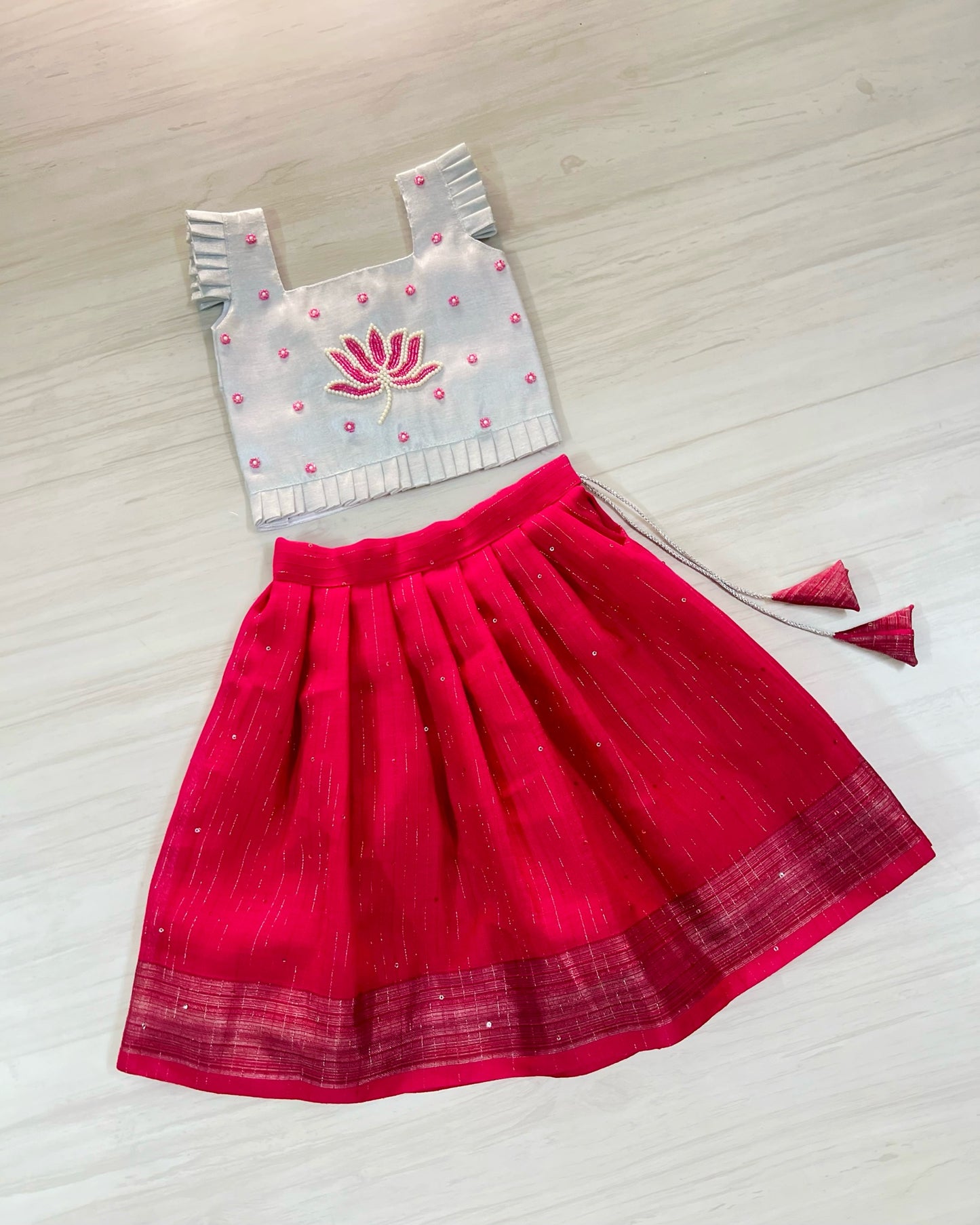 Silvery Lotus With Persian Pink Aari Work Lehenga Set