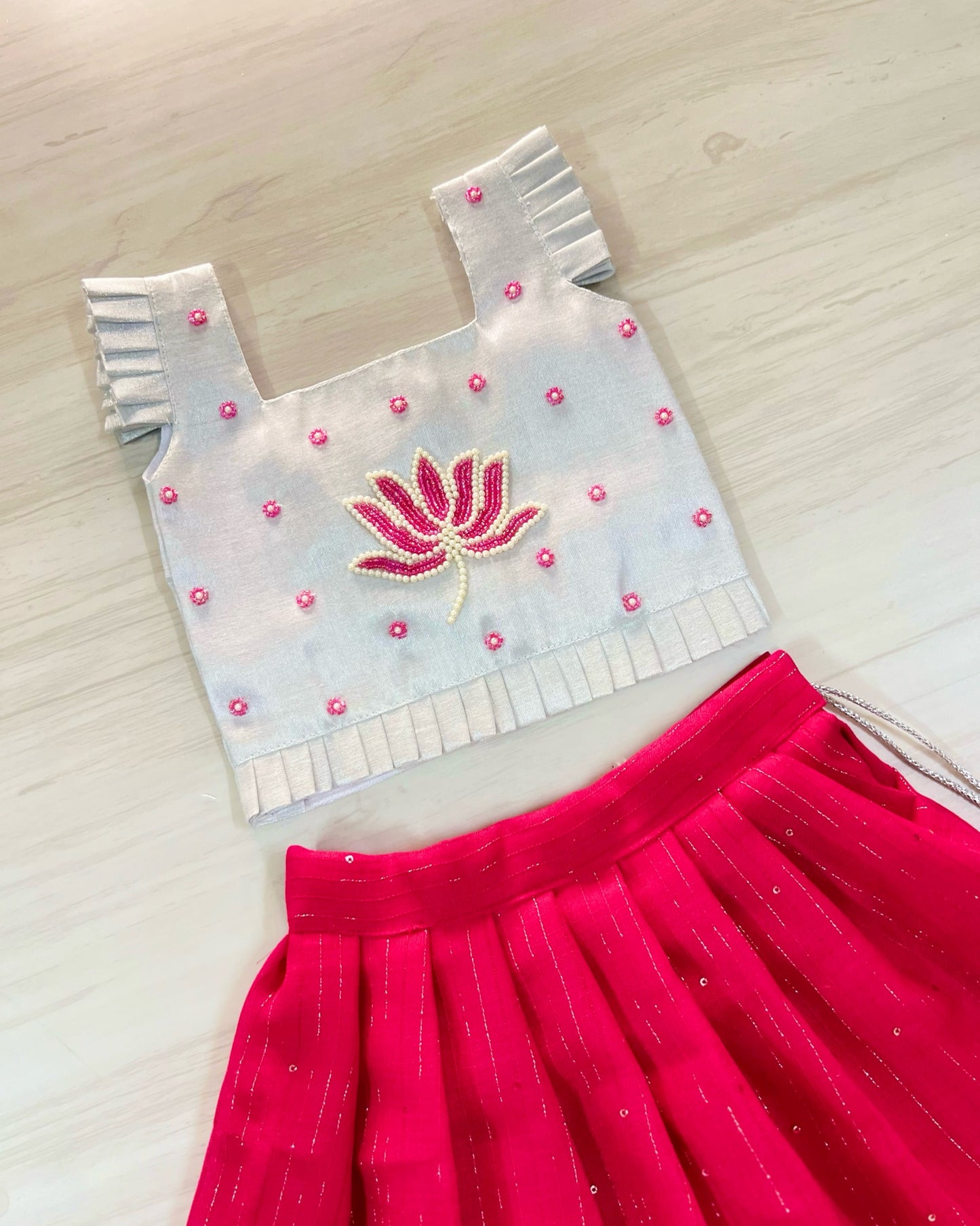 Silvery Lotus With Persian Pink Aari Work Lehenga Set