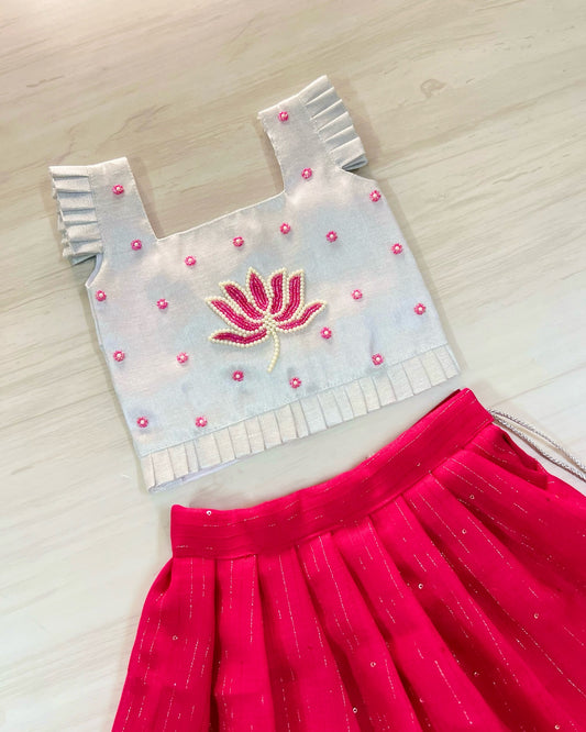 Silvery Lotus With Persian Pink Aari Work Lehenga Set