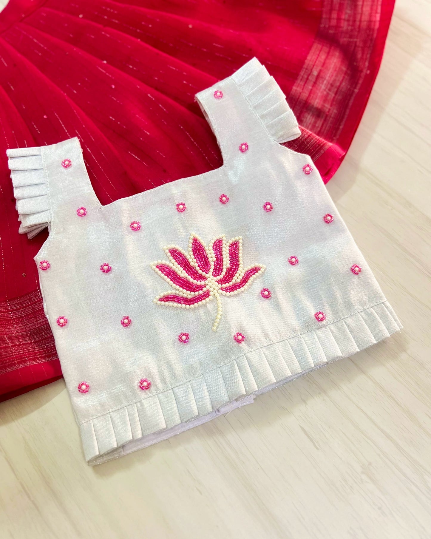 Silvery Lotus With Persian Pink Aari Work Lehenga Set