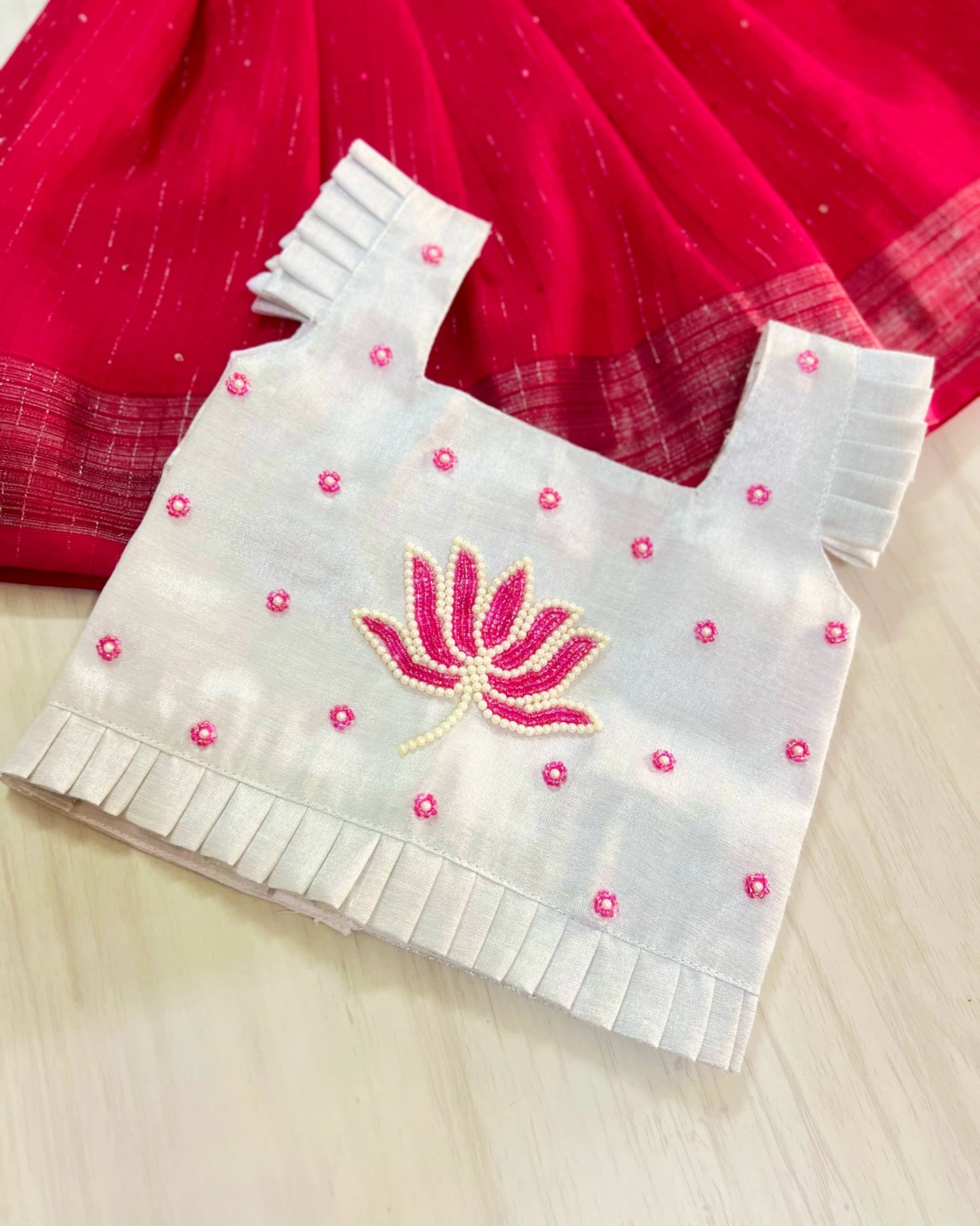 Silvery Lotus With Persian Pink Aari Work Lehenga Set