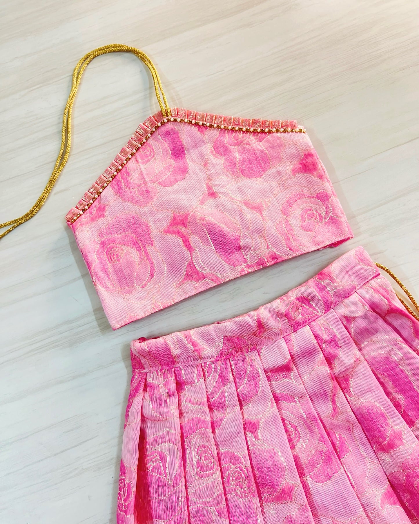 Summery Rose Bud Halter Neck Silk Lehenga Set