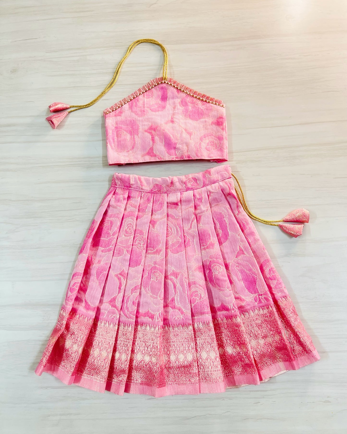 Summery Rose Bud Halter Neck Silk Lehenga Set