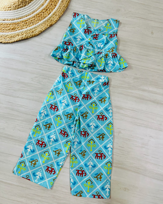 Sky blue naval print cotton top with pant