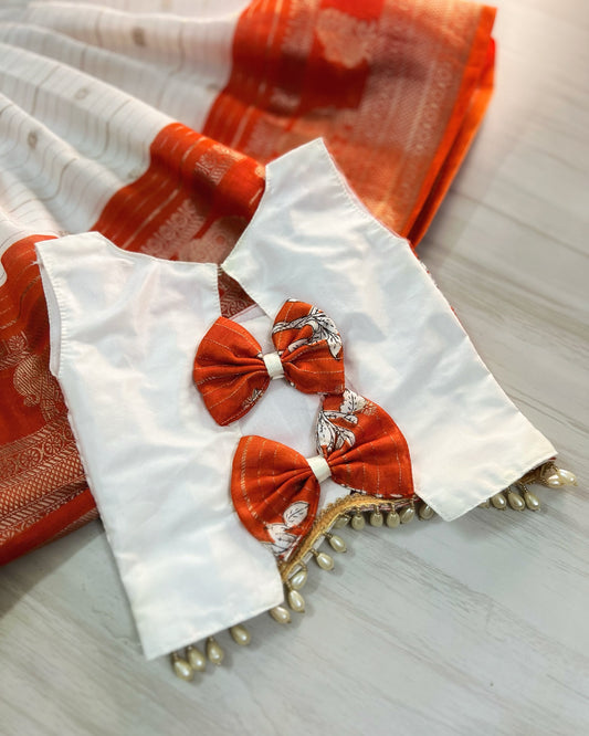 Soft White And Marmalade Orange Back Bows Cute Lehenga Set | The Silkberry