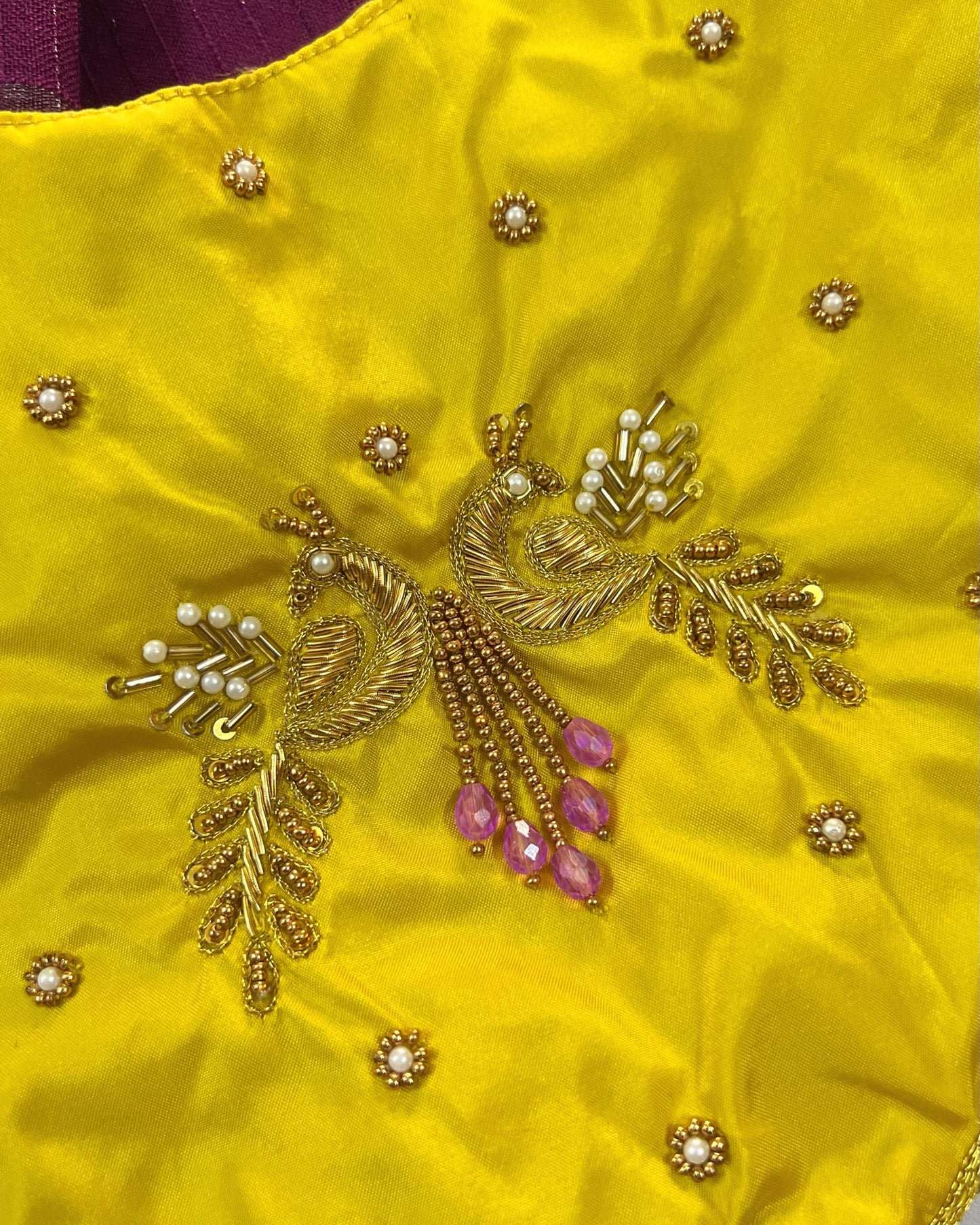 Saffron Yellow Peacock Embroidered Aari Work Cute Top With Plum Lehenga Set | The Silkberry