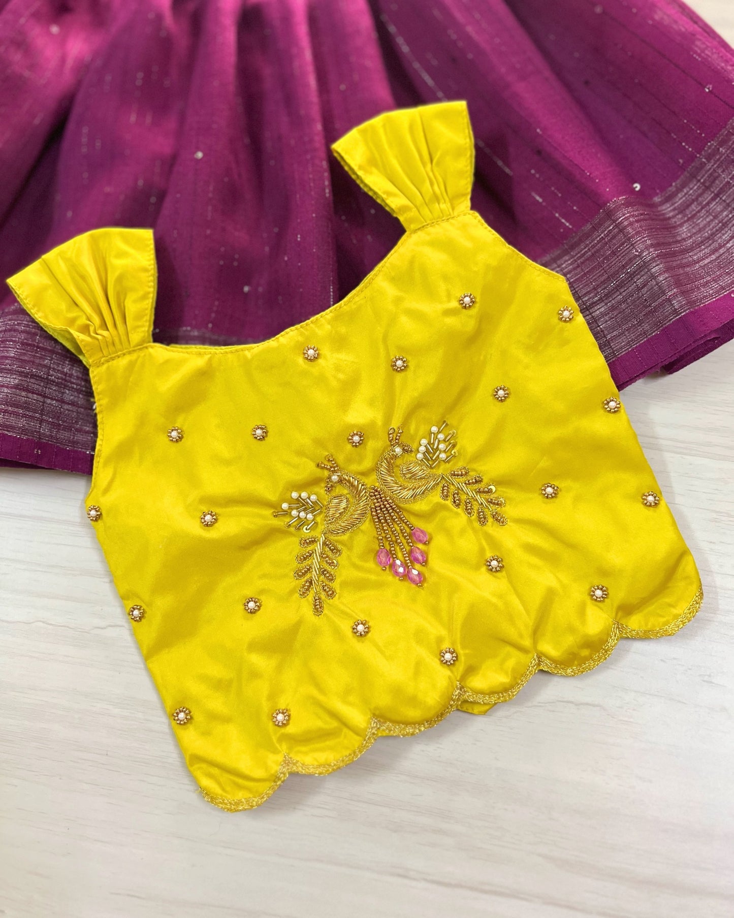 Saffron Yellow Peacock Embroidered Aari Work Cute Top With Plum Lehenga Set | The Silkberry