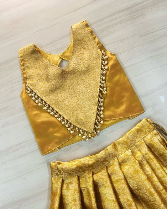 Golden Crown Premium Pearl Embellished Modern Back Lehenga Set | The Silkberry