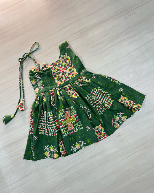 Pine Green Kolam Design One Side Tie-Up Frock | The Silkberry