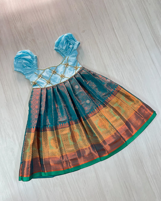 Sky Blue Criss Cross Stone Work Top With Teal Gown