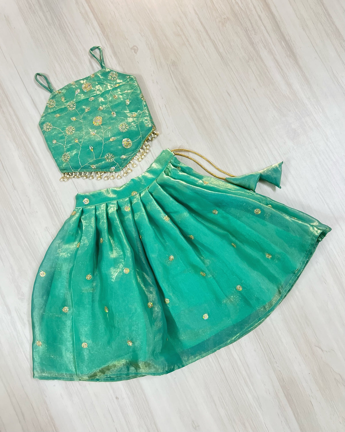 Clear Teal Lagoon Floral Sequinned Silky Soft Modern Lehenga Set