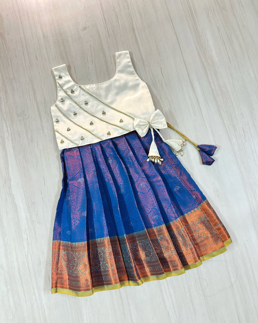 Pure White Embellished Top And Royal Blue Silk Skirt Lehenga Set