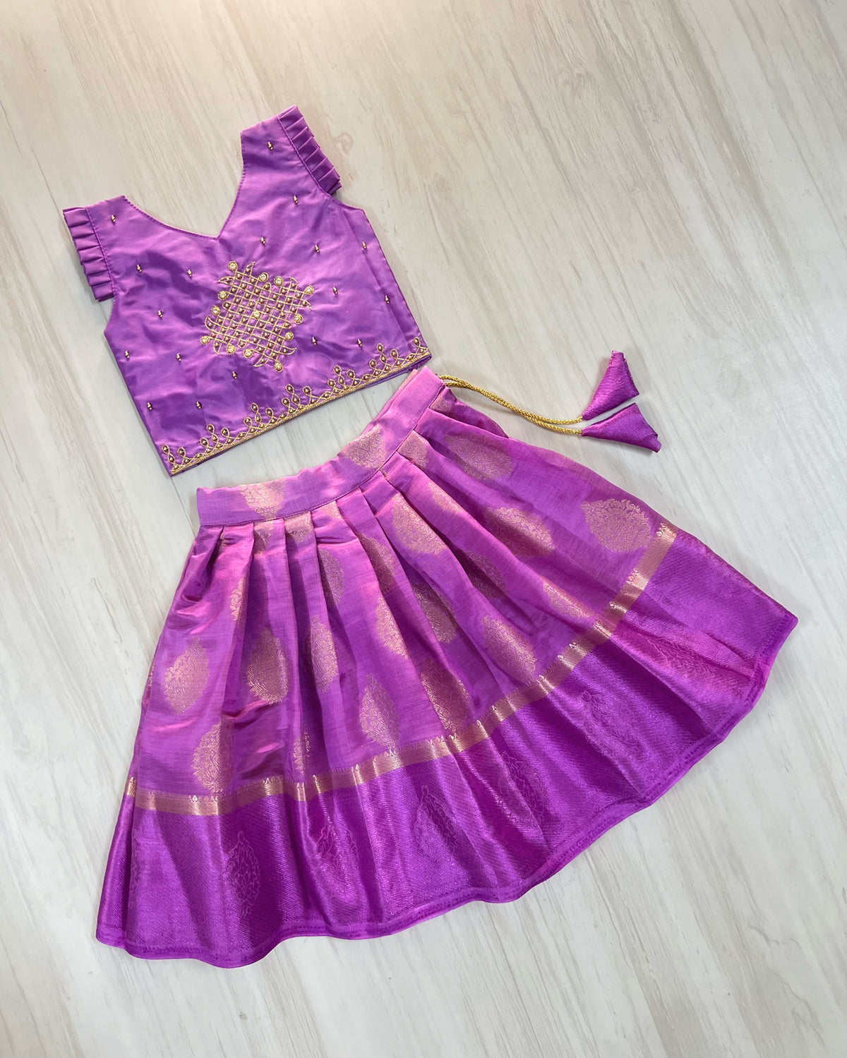 Lavender Breeze Temple Kolam Aari Work Traditional Lehenga Set