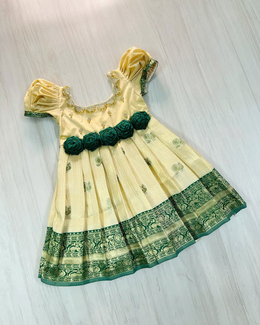 Cream And Dark Green Floral Gown With Puff Sleeves Silk Gown