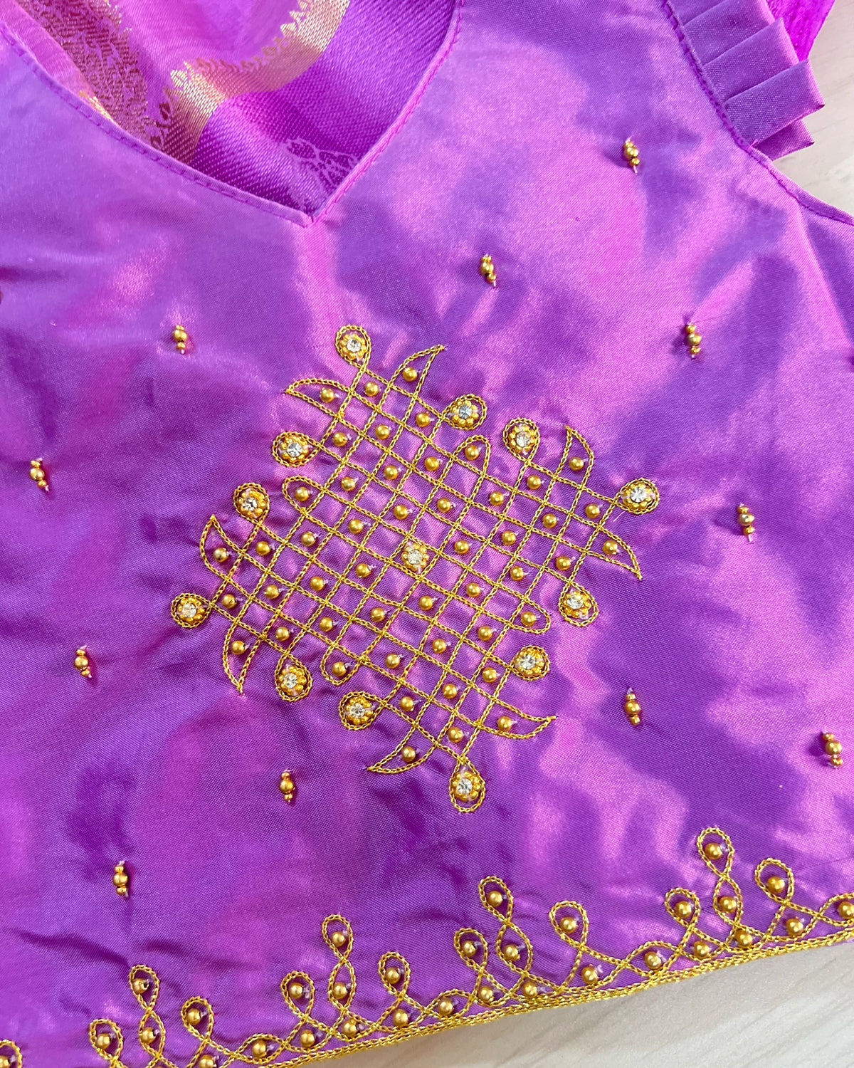 Lavender Breeze Temple Kolam Aari Work Traditional Lehenga Set