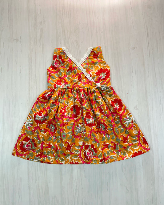 Honey Gold With White Lace Botanical Print Cotton Frock