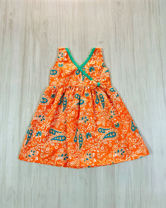 Tangerine With Teal Lace Paisley Print Cotton Frock
