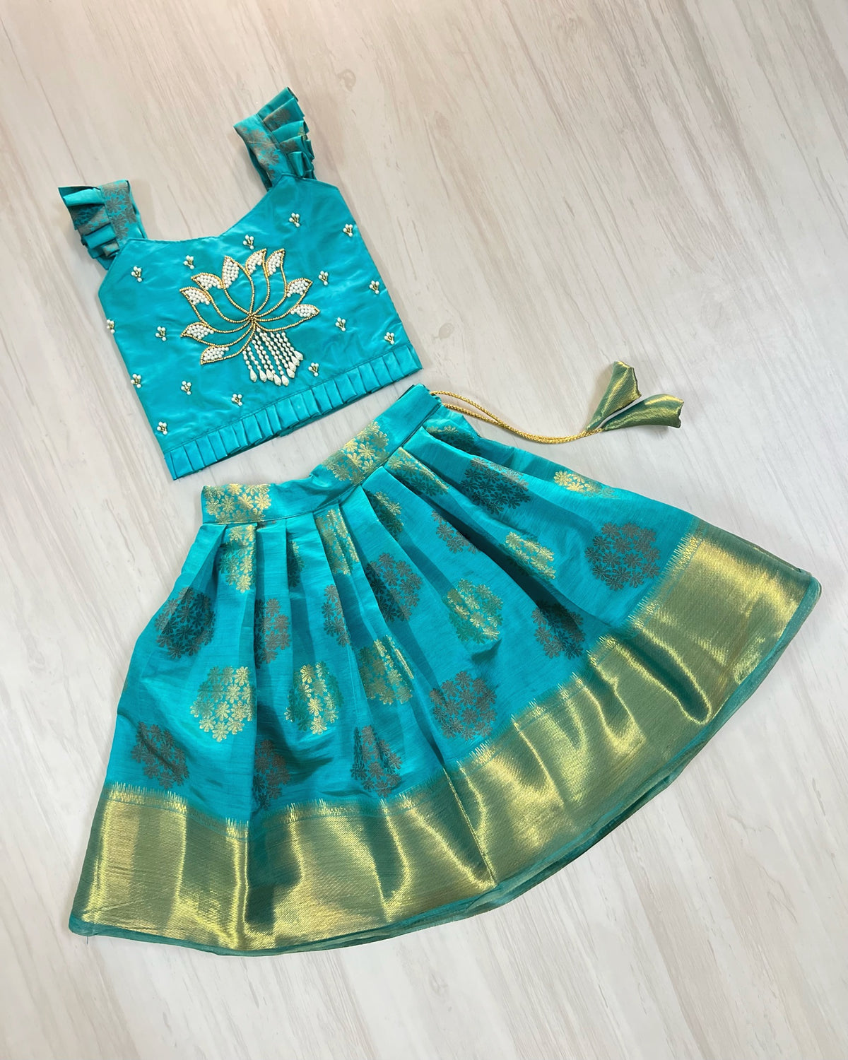 Aqua Lotus With Playful Pearls Aari Work Traditional Lehenga Set