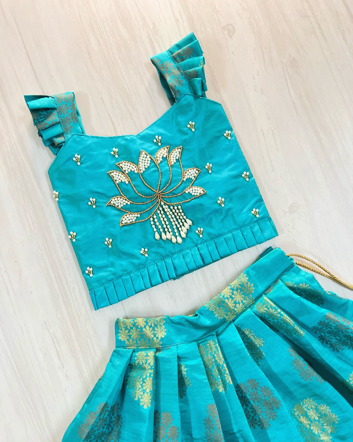 Aqua Lotus With Playful Pearls Aari Work Traditional Lehenga Set