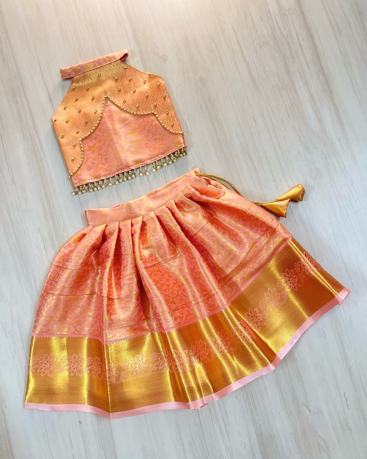 Rosy Cheeks Pink Scalloped Hanging Pearls Lehenga Set