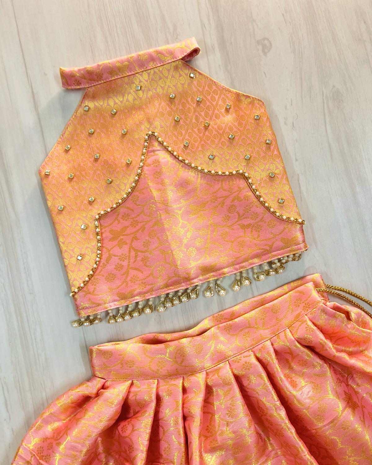 Rosy Cheeks Pink Scalloped Hanging Pearls Lehenga Set