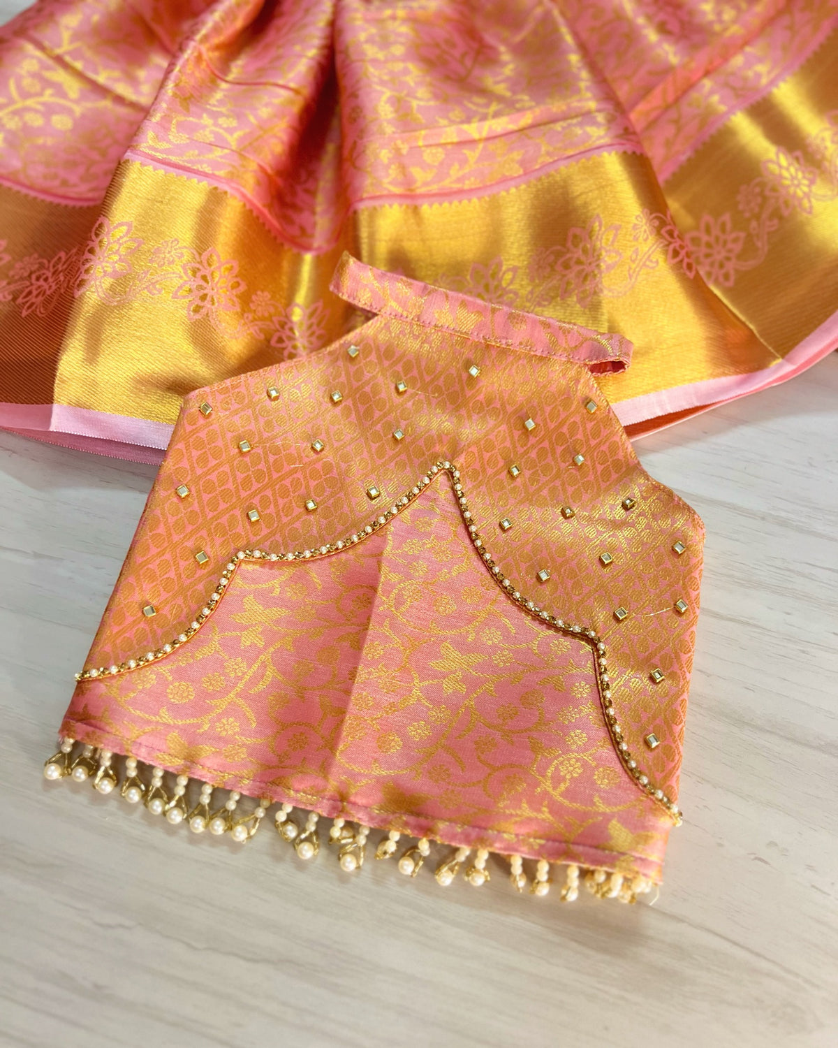 Rosy Cheeks Pink Scalloped Hanging Pearls Lehenga Set
