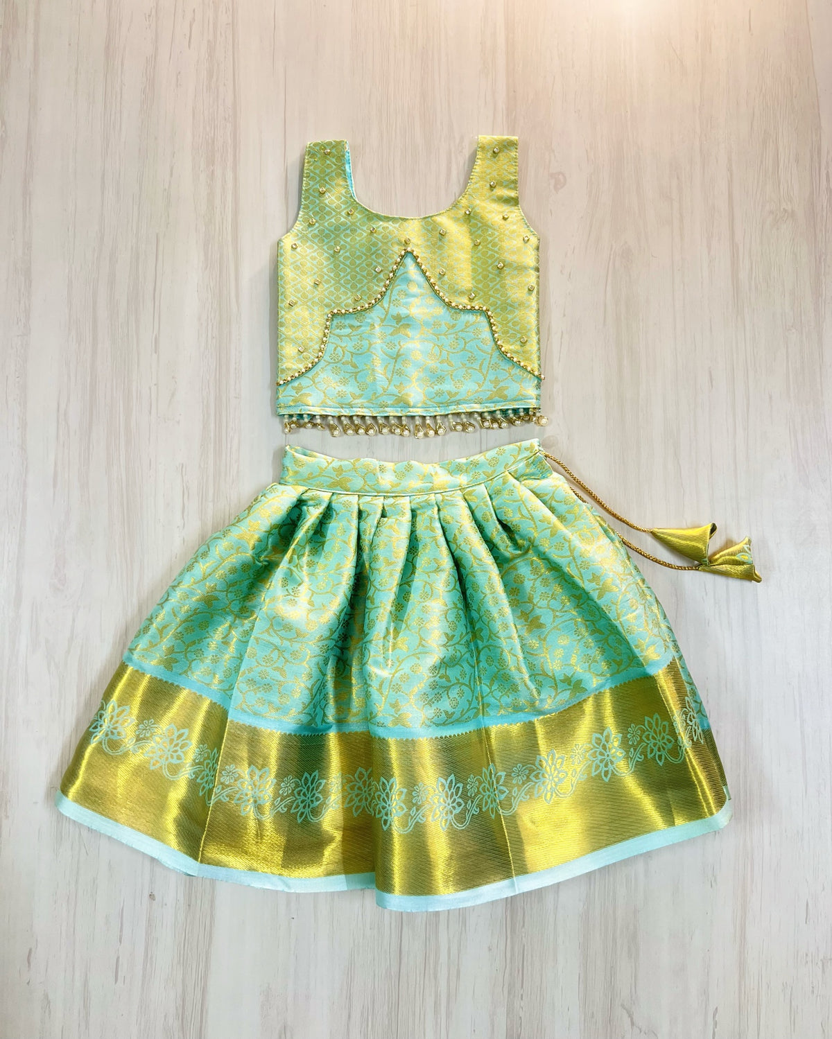 Wispy Winds Sky-Blue Scalloped Hanging Pearls Lehenga Set