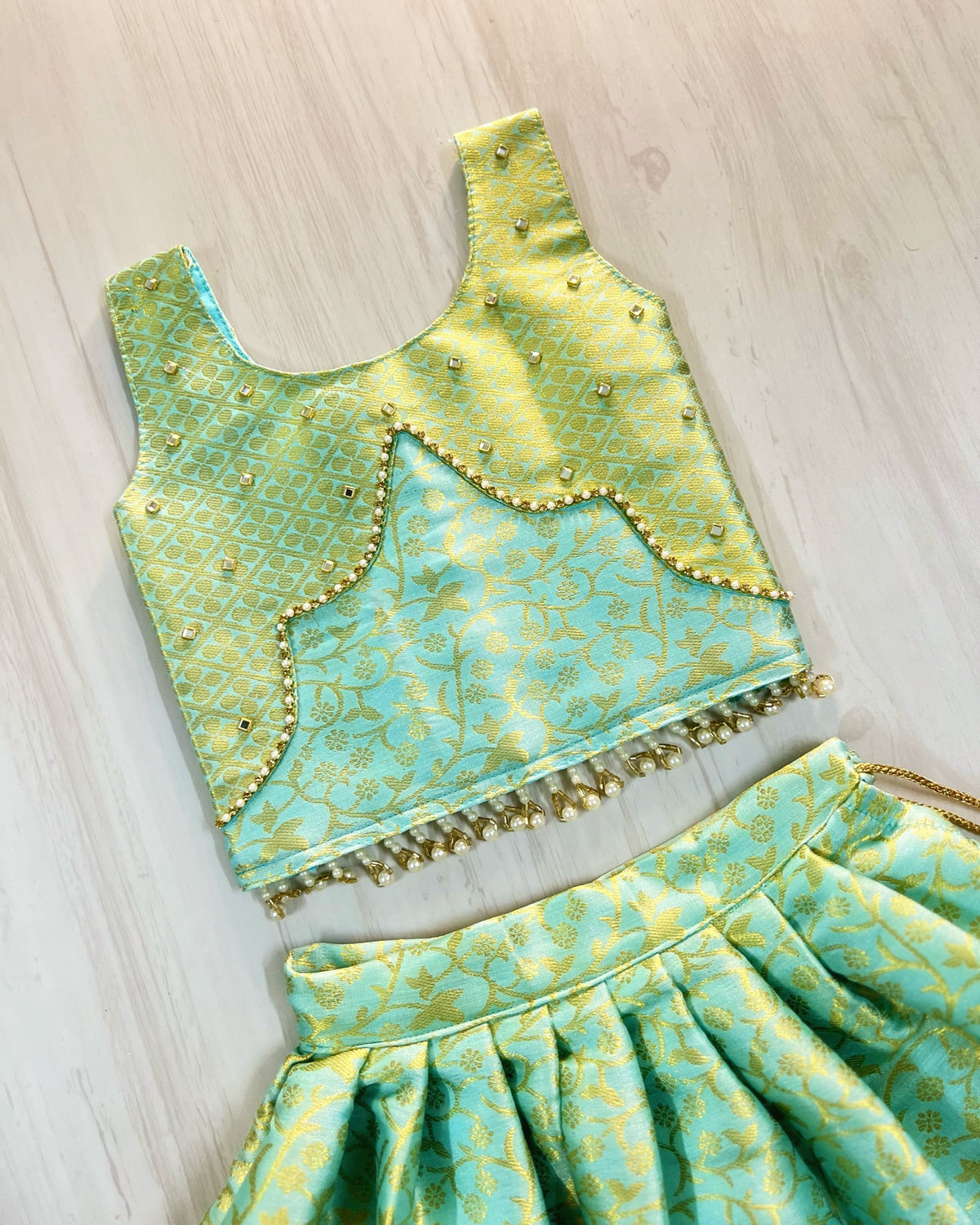 Wispy Winds Sky-Blue Scalloped Hanging Pearls Lehenga Set