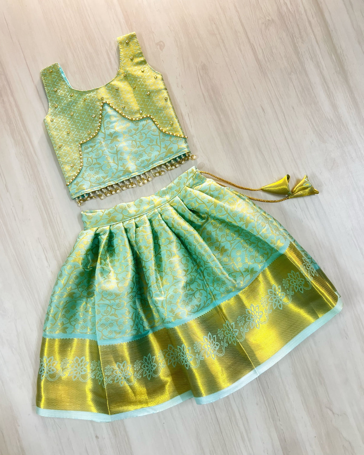 Wispy Winds Sky-Blue Scalloped Hanging Pearls Lehenga Set