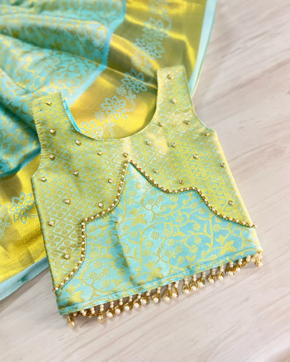 Wispy Winds Sky-Blue Scalloped Hanging Pearls Lehenga Set