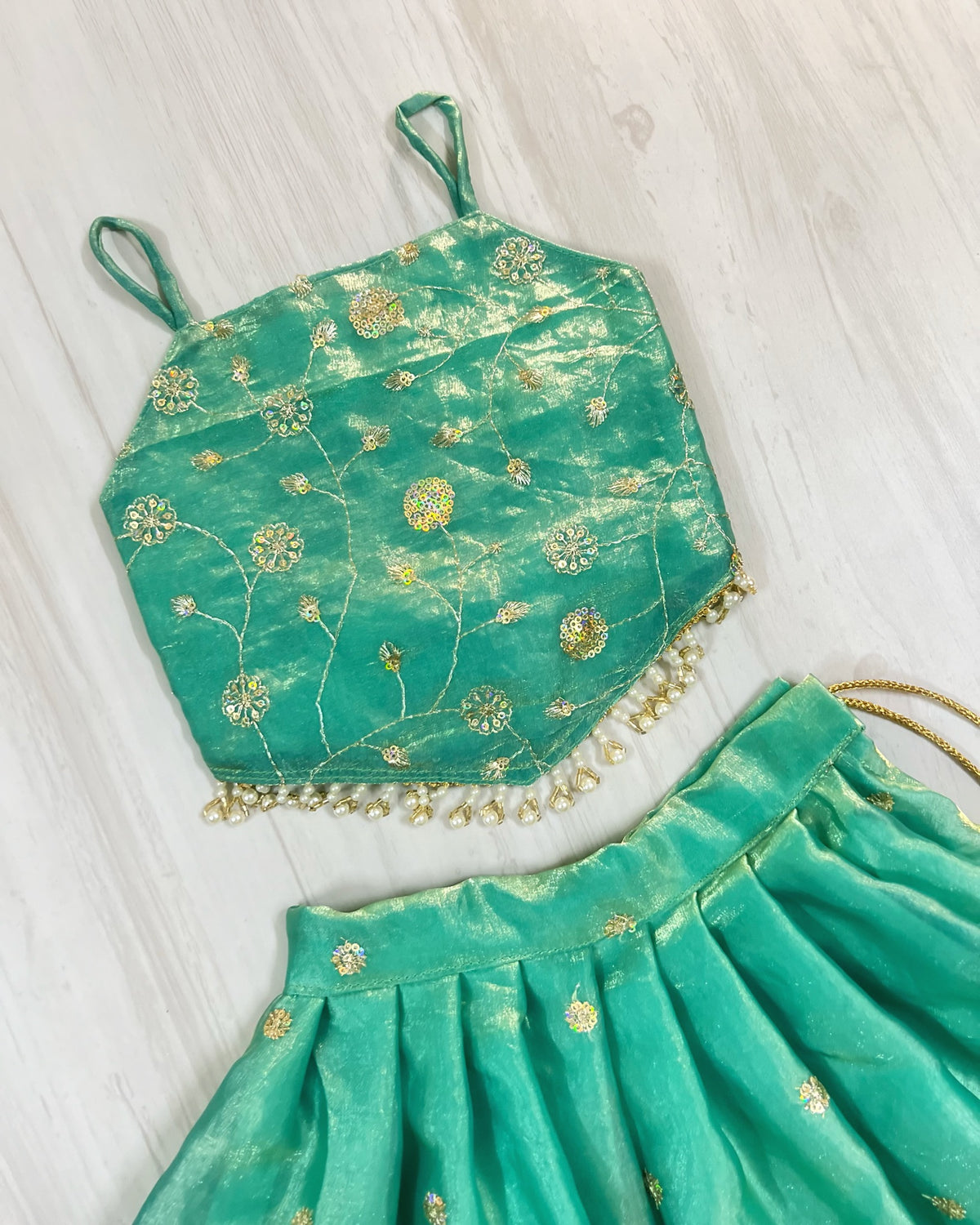 Clear Teal Lagoon Floral Sequinned Silky Soft Modern Lehenga Set