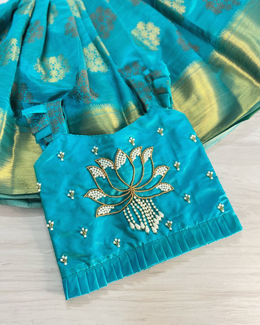 Aqua Lotus With Playful Pearls Aari Work Traditional Lehenga Set