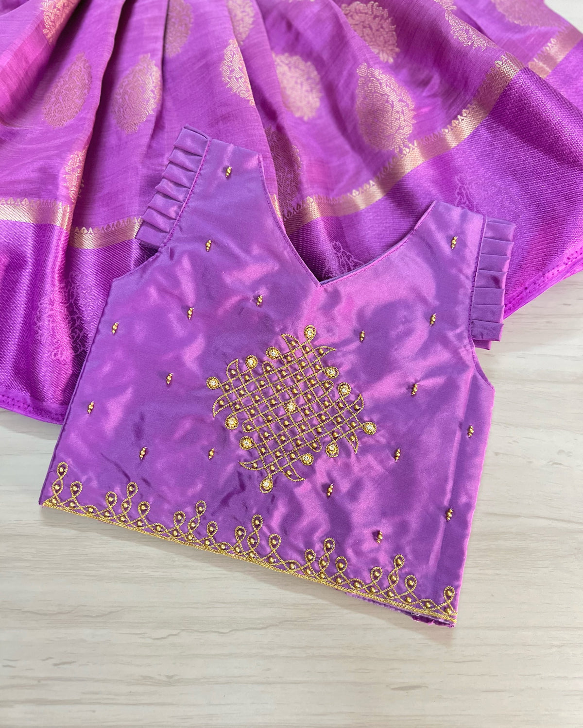 Lavender Breeze Temple Kolam Aari Work Traditional Lehenga Set