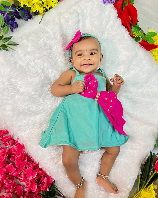 Teal Popping Pink Bow Party Frock
