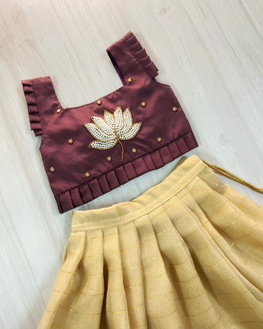 Cinnamon Brown Lotus Embroidered Cute Top With Beige Tan Skirt Lehenga Set