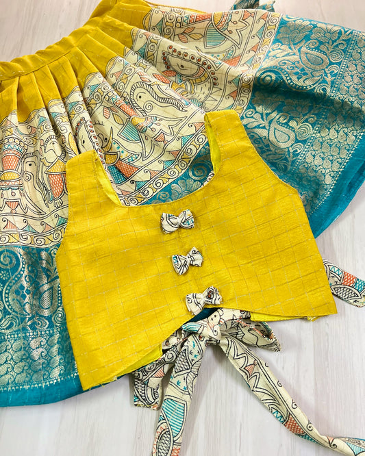 Breezy Yellow Cute Bow Tie Up Top With Pichwai Print Skirt