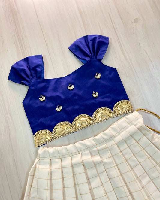 Midnight Blue Embellished Scallop Top With Pure Cotton White Skirt