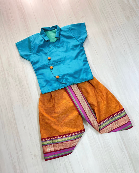 Peacock Blue Stylish Shirt With Mustard Yellow Dhoti Set