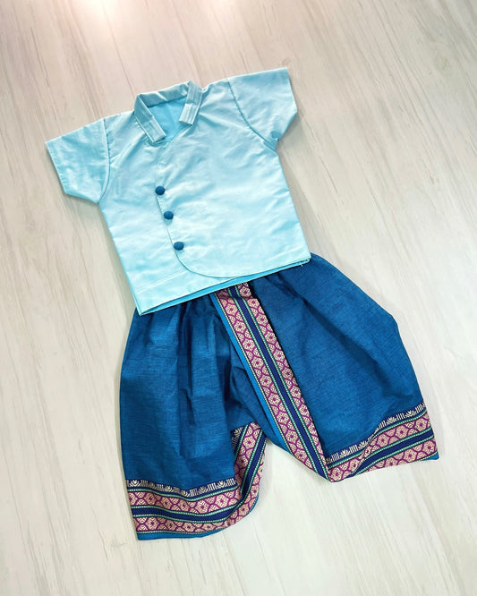 Skyblue Stylish Shirt With Dark Blue Dhoti Set