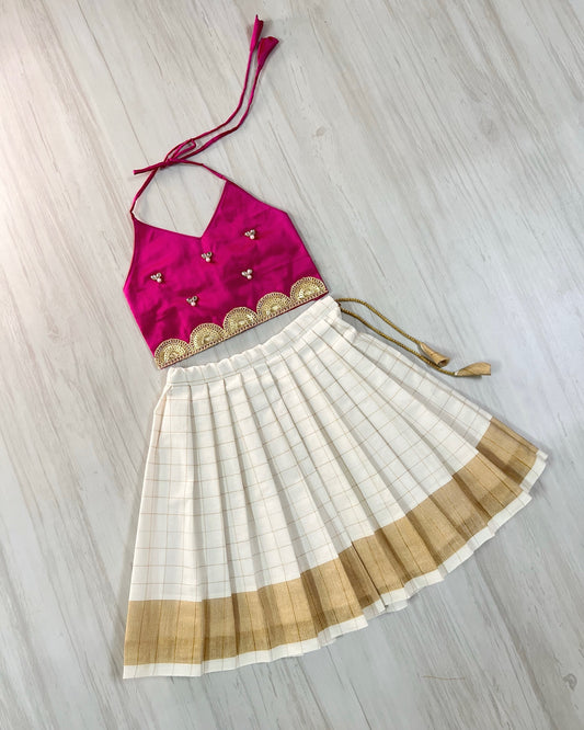 Barbie Pink Embellished Scallop Top With Pure Cotton White Skirt