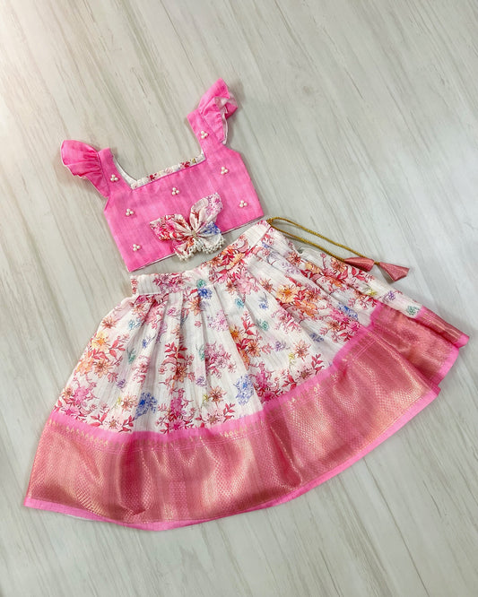 Butterfly Fairy Pearl Embellished Pink Top With Floral Lehenga Set