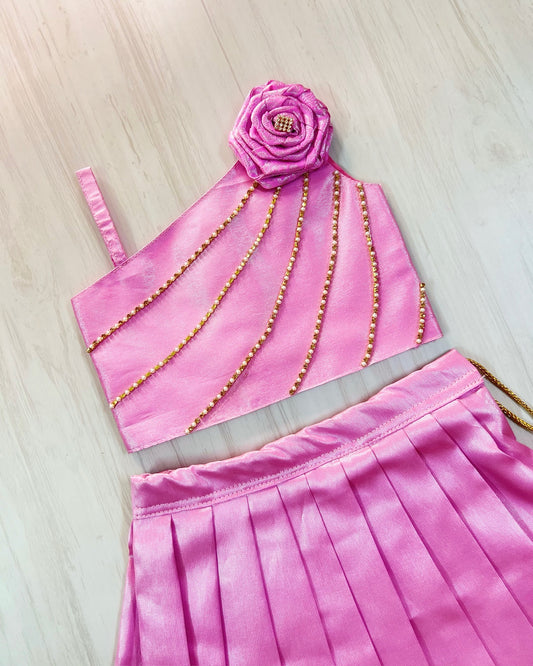 Princess Pink One Side Floral Embellished Shimmery Lehenga Set  | The Silkberry