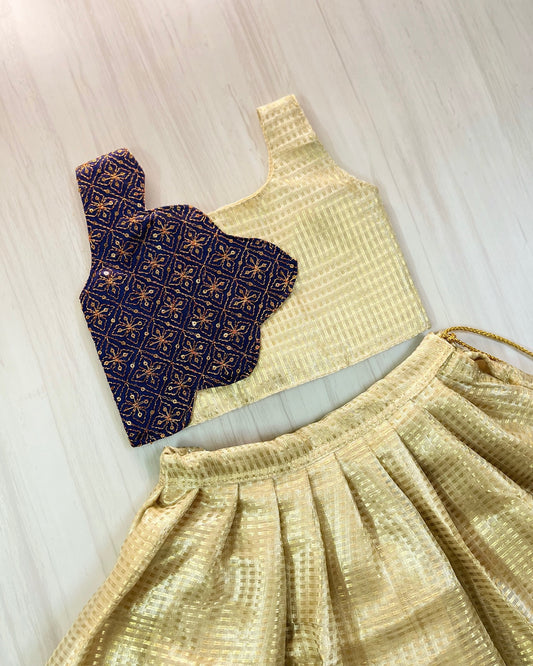 Deep Navy Heavy Embroidered Scalloped Trendy Top With Royal Gold Lehenga Set