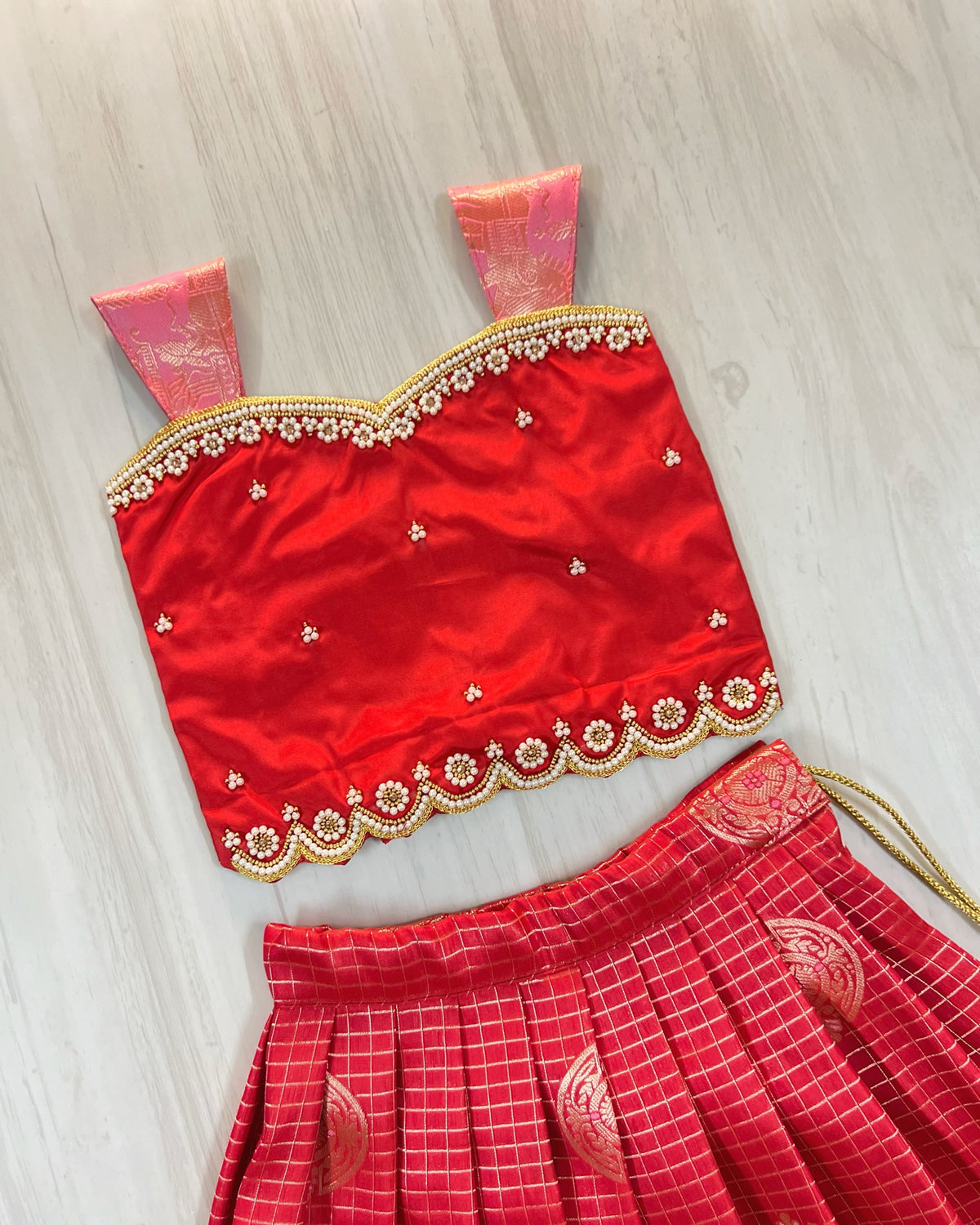 Red Velvet Petals Aari Embroidered Grand Lehenga Set