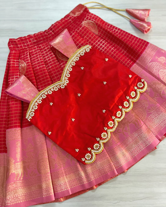 Red Velvet Petals Aari Embroidered Grand Lehenga Set