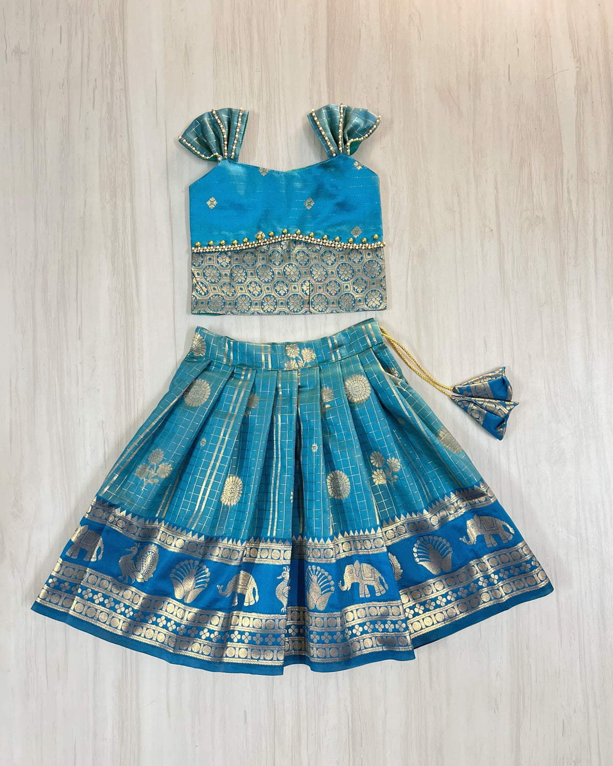 Teal Poppy Petals Double Border Traditional Lehenga Set