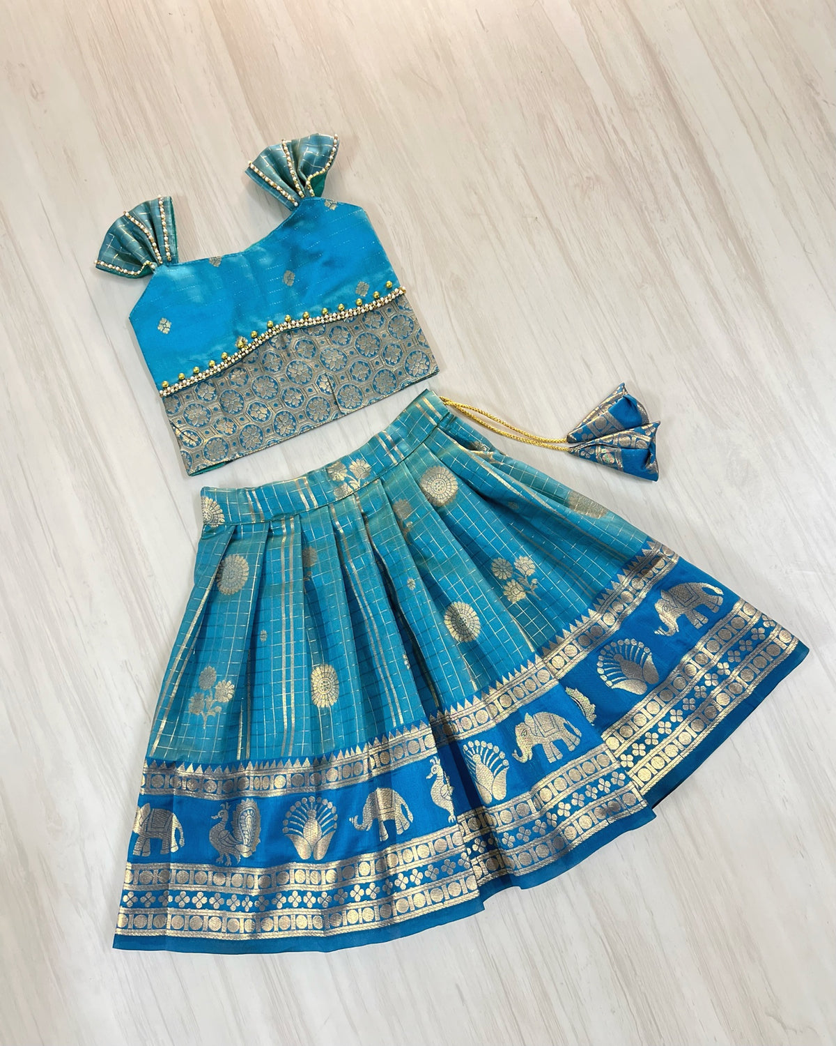 Teal Poppy Petals Double Border Traditional Lehenga Set