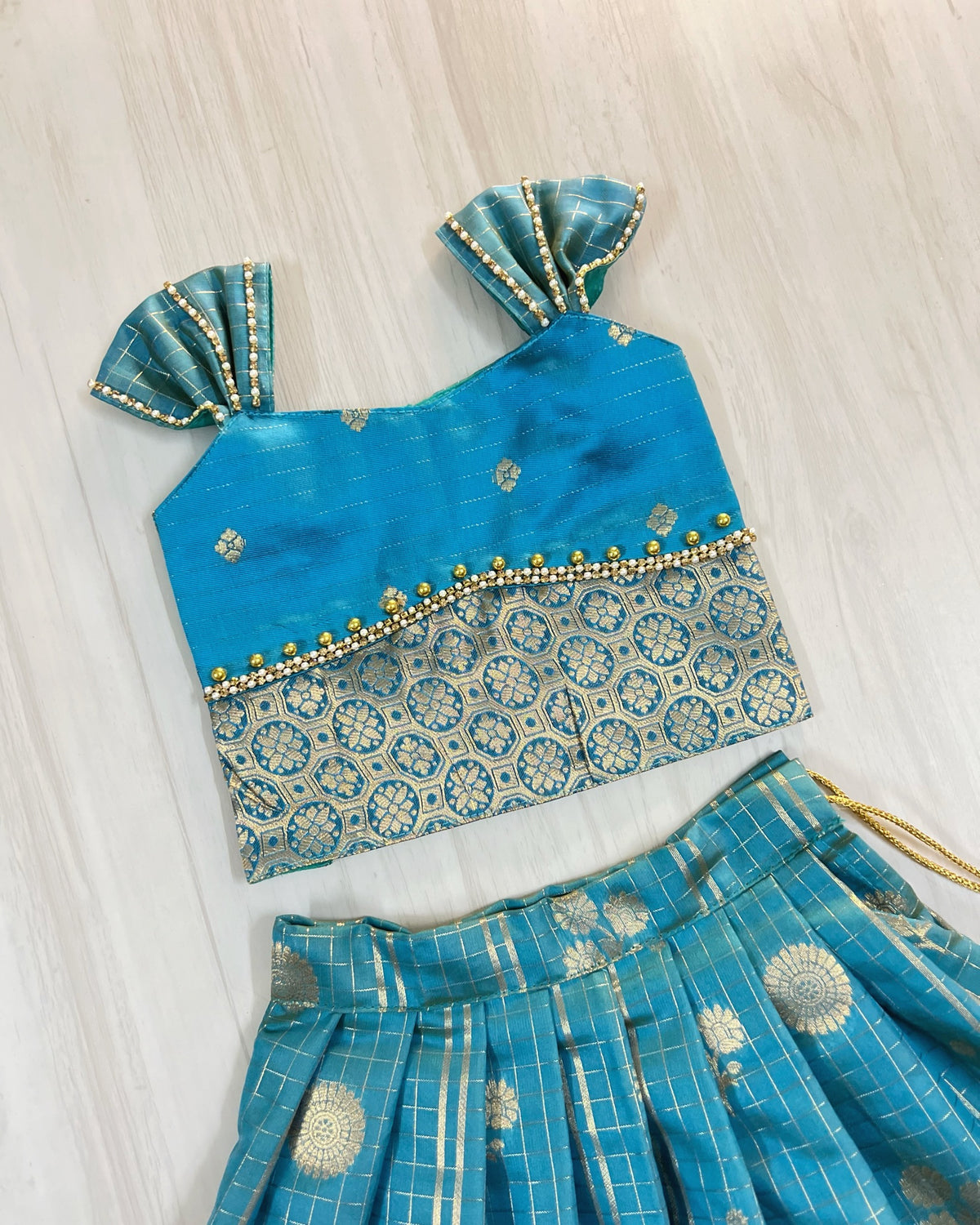Teal Poppy Petals Double Border Traditional Lehenga Set